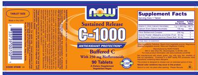Photo of the NOW Sustained Release C-1000 Buffered C With 250 mg Bioflavonoids label