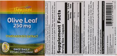 Photo of the Thompson Olive Leaf 250 mg label