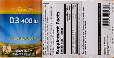 Photo of the Thompson D3 400 IU label