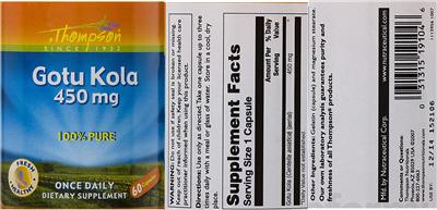 Photo of the Thompson Gotu Kola 450 mg label