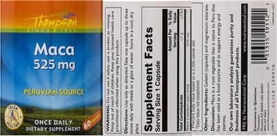 Photo of the Thompson Maca 525 mg label