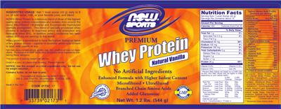 Photo of the NOW Sports Premium Whey Protein Natural Vanilla label