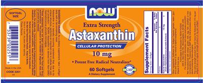Photo of the NOW Extra Strength Astaxanthin 10 mg label