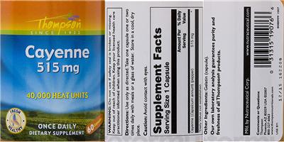 Photo of the Thompson Cayenne 515 mg label