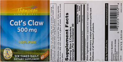 Photo of the Thompson Cat's Claw 500 mg label