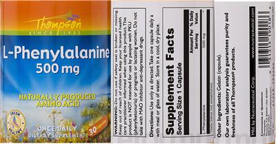 Photo of the Thompson L-Phenylalanine 500 mg label