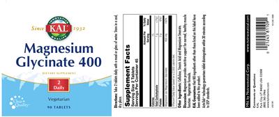 Photo of the KAL Magnesium Glycinate 400 label