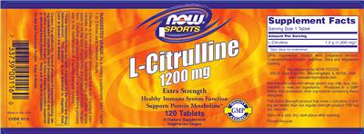 Photo of the NOW Sports L-Citrulline 1200 mg Extra Strength label
