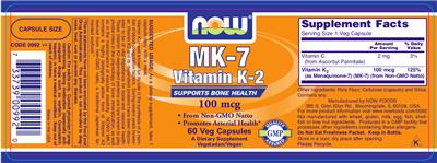 Photo of the NOW MK-7 Vitamin K-2 100 mcg label