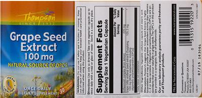 Photo of the Thompson Grape Seed Extract 100 mg label