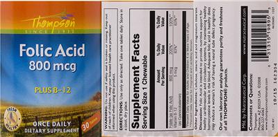 Photo of the Thompson Folic Acid 800 mcg label