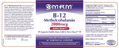 Photo of the MRM B-12 Methylcobalamin 2000 mcg label