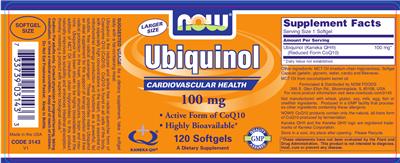 Photo of the NOW Ubiquinol 100 mg label
