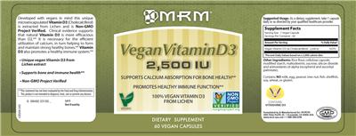 Photo of the MRM Vegan Vitamin D3 2,500 IU label