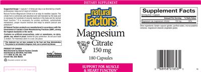 Photo of the Natural Factors Magnesium Citrate 150 mg label