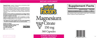 Photo of the Natural Factors Magnesium Citrate 150 mg label