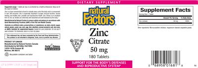 Photo of the Natural Factors Zinc Citrate 50 mg label