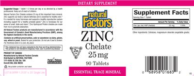 Photo of the Natural Factors Zinc Chelate 25 mg label