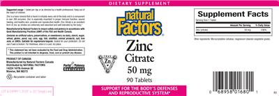Photo of the Natural Factors Zinc Citrate 50 mg label