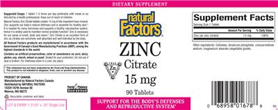 Photo of the Natural Factors Zinc Citrate 15 mg label