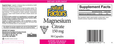 Photo of the Natural Factors Magnesium Citrate 150 mg label