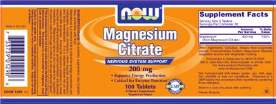 Photo of the NOW Magnesium Citrate 200 mg label