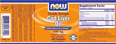 Photo of the NOW Double Strength Cod Liver Oil 650 mg label