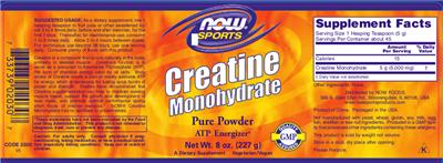 Photo of the NOW Sports Creatine Monohydrate label