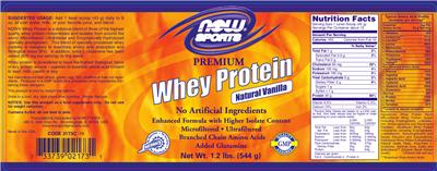 Photo of the NOW Sports Premium Whey Protein Natural Vanilla label