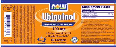 Photo of the NOW Ubiquinol 100 mg label