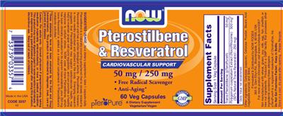 Photo of the NOW Pterostilbene & Resveratrol 50 mg / 250 mg label