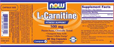 Photo of the NOW L-Carnitine 500 mg label