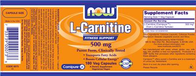 Photo of the NOW L-Carnitine 500 mg label