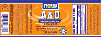 Photo of the NOW A & D 10,000/400 IU label