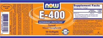 Photo of the NOW E-400 Natural Mixed Tocopherols label