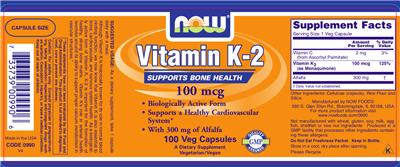 Photo of the NOW Vitamin K-2 100 mcg label