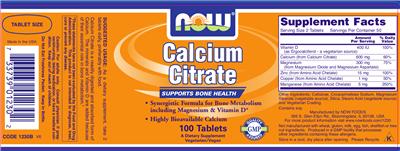 Photo of the NOW Calcium Citrate label