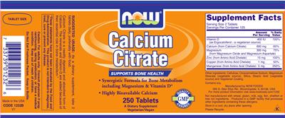 Photo of the NOW Calcium Citrate label