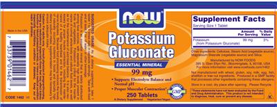 Photo of the NOW Potassium Gluconate 99 mg label