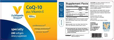 Photo of the The Vitamin Shoppe CoQ-10 Plus Vitamin E 100 mg label