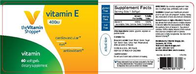 Photo of the The Vitamin Shoppe Vitamin E 400 IU label