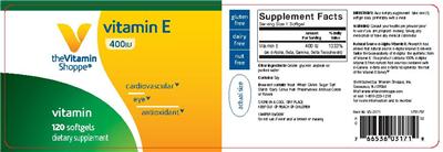 Photo of the The Vitamin Shoppe Vitamin E 400 IU label