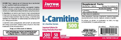 Photo of the Jarrow Formulas L-Carnitine 500 As L-Carnitine Tartrate label