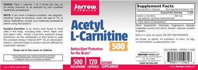 Photo of the Jarrow Formulas Acetyl L-Carnitine 500 mg label