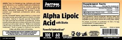 Photo of the Jarrow Formulas Alpha Lipoic Acid 100 mg with Biotin label