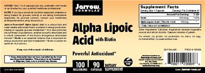 Photo of the Jarrow Formulas Alpha Lipoic Acid 100 mg with Biotin label