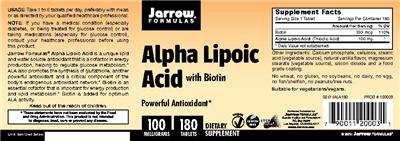Photo of the Jarrow Formulas Alpha Lipoic Acid 100 mg with Biotin label