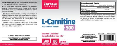 Photo of the Jarrow Formulas L-Carnitine 500 mg label
