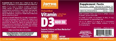 Photo of the Jarrow Formulas Vitamin D3 400 IU In Extra Virgin Olive Oil label