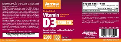 Photo of the Jarrow Formulas Vitamin D3 2500 IU label